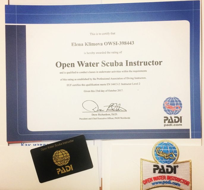 Климова Елена — Open Water Scuba Instructor PADI, EFR Instructor #398443