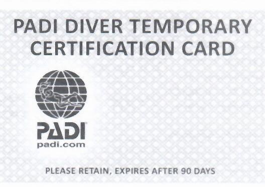 padi diver temporary certification card